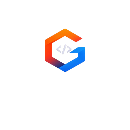 Hexagonal G logo mark in orange and blue with a code bracket glyph in the centre
