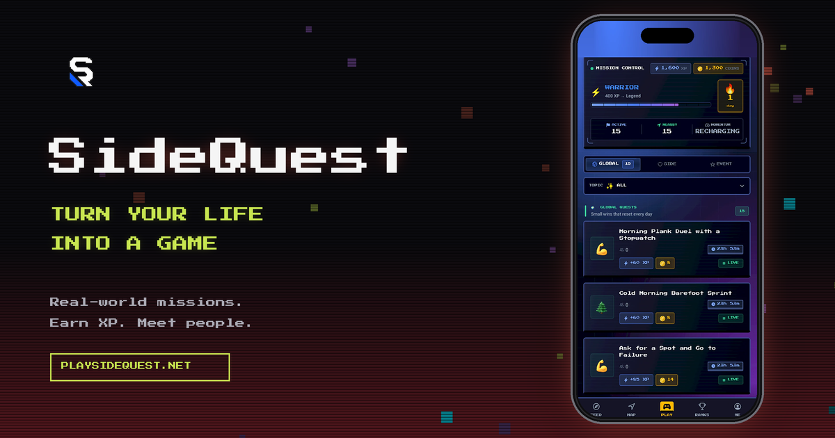 SideQuest: turn your life into a game, with the app on a phone (the site’s link-preview banner)