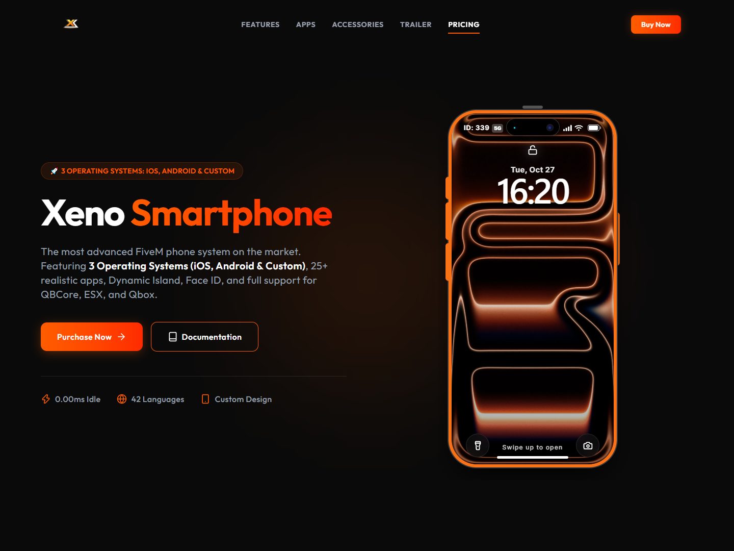 Xeno Smartphone website hero: the headline “Xeno Smartphone” beside an orange-framed phone lock screen